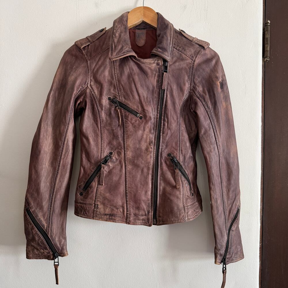 Y2K Vintage Gipsy Brown Distressed Leather Moto Jacket Peace Sign Extra Small - Picture 7 of 7